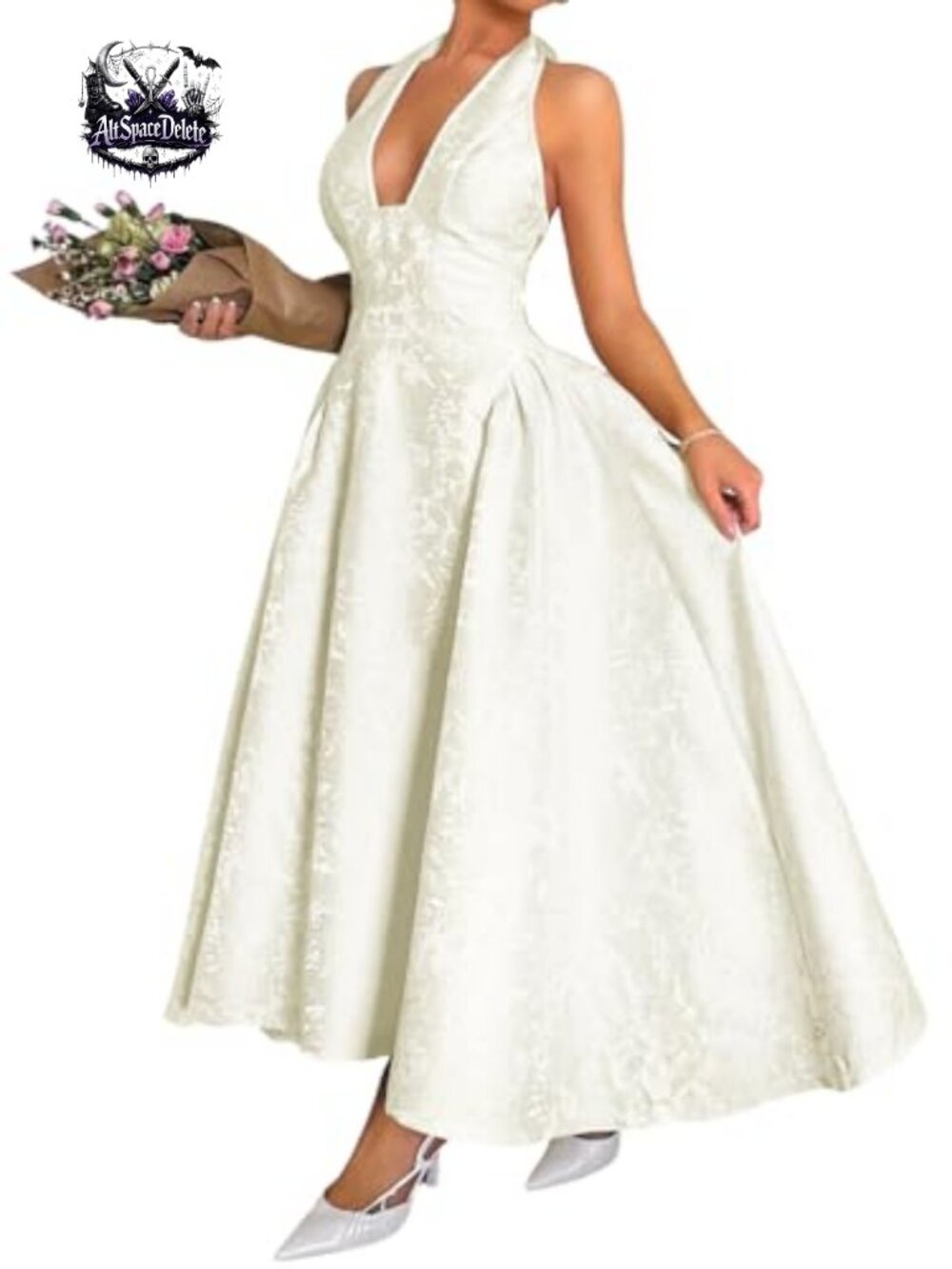 Jacquard Halter V Neck A Line Maxi Dress Backless Semi Formal Wedding Guest
